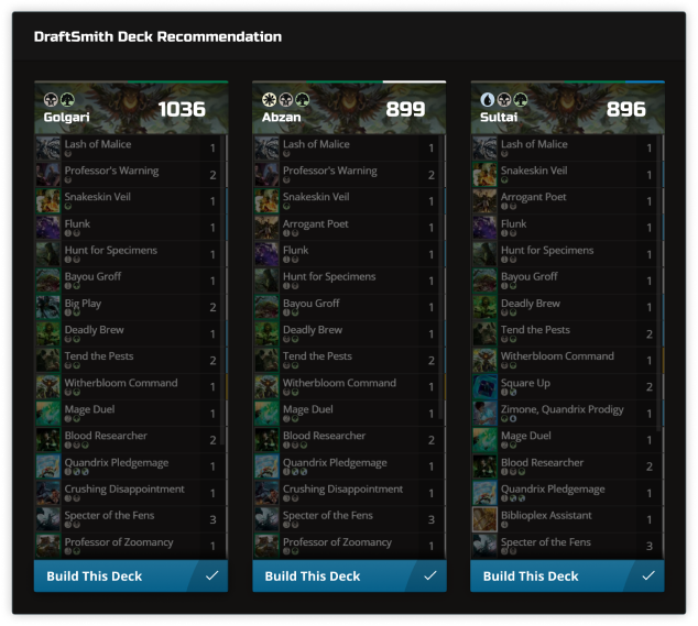 Draftsmith recommending which deck to build from the draft cards