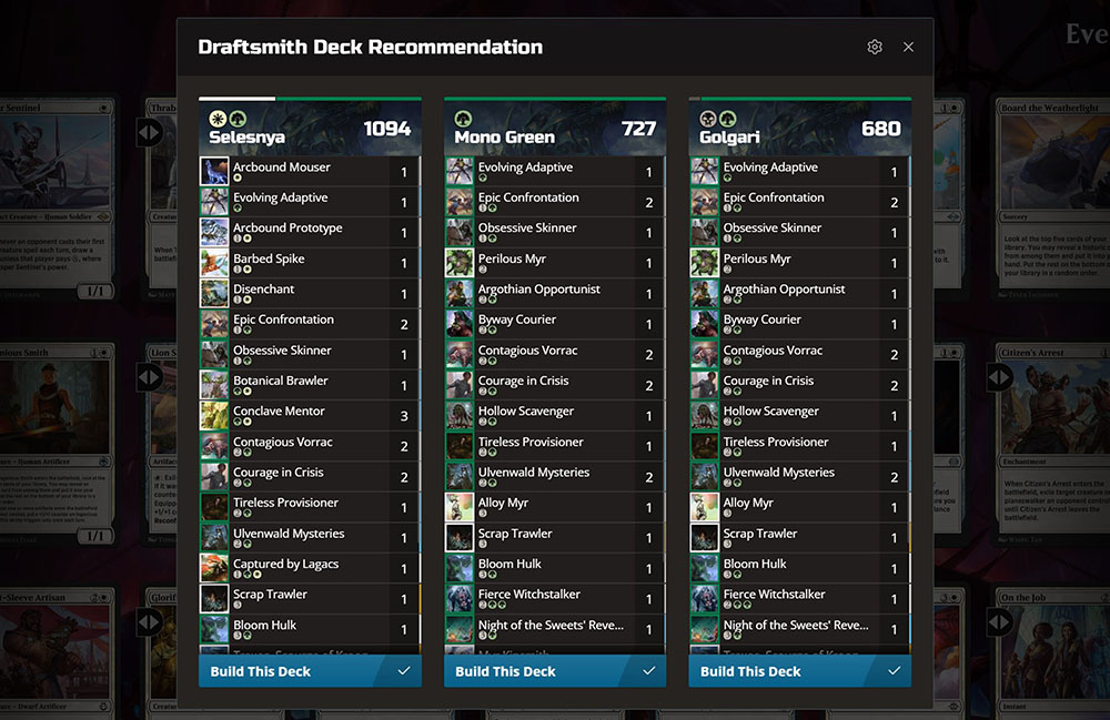 Draftsmith showing an overlay in the draft screen offering decks that can be built from the cards