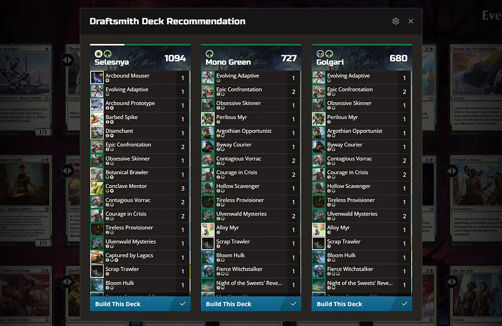 Draftsmith showing an overlay in the draft screen offering decks that can be built from the cards.