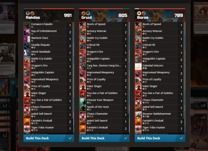 Draftsmith showing an overlay in the draft screen offering decks that can be built from the cards
