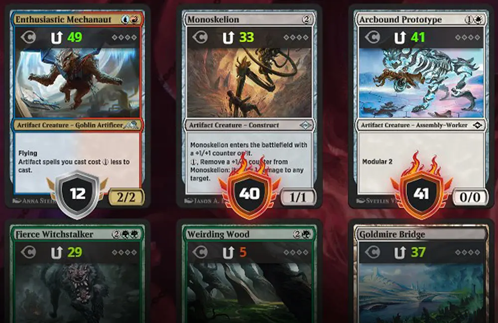 Draftsmith showing dynamic ratings below cards in the MTGA draft screen, adjusted for your deck.