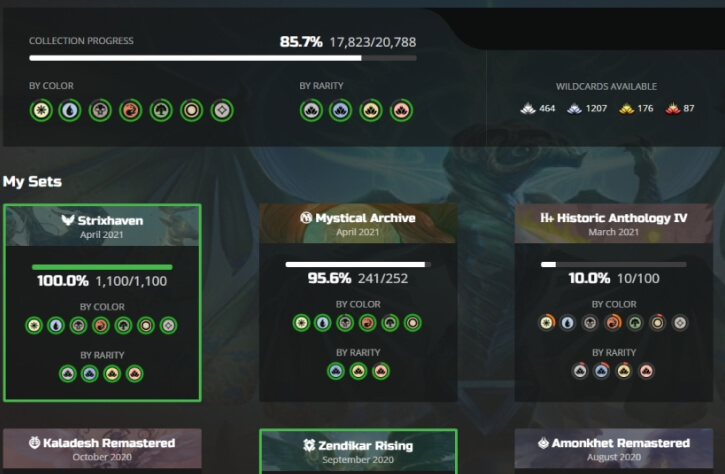 An Untapped.gg profile showing the completion progress for the different MTGA card sets